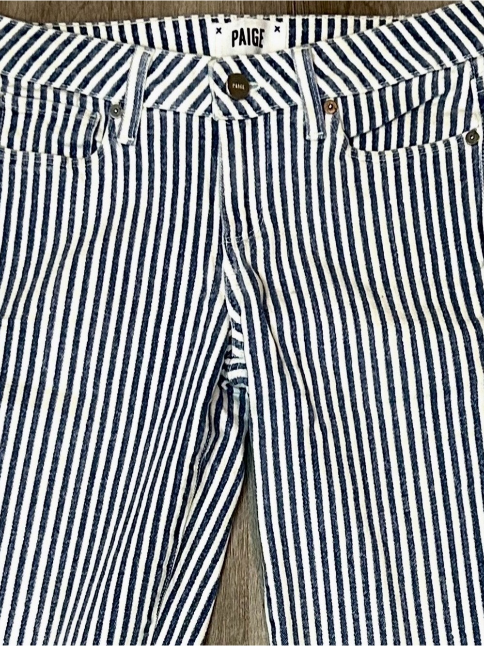 PAIGE Blue White Striped Raw Hem Skinny Jeans Cropped Stretch Denim 26